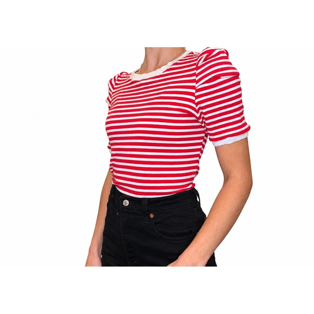 Maeve Anthropologie Red & Baby Blue Striped Puff Sleeve Ribbed Top